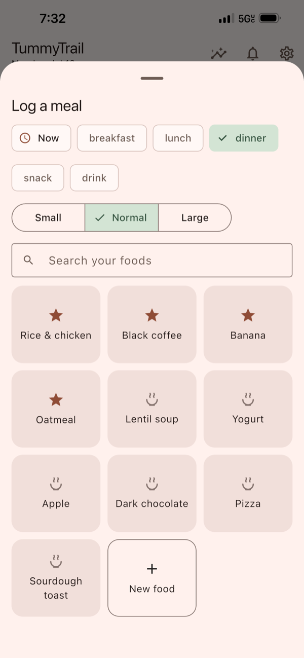 TummyTrail quick-log sheet for a meal