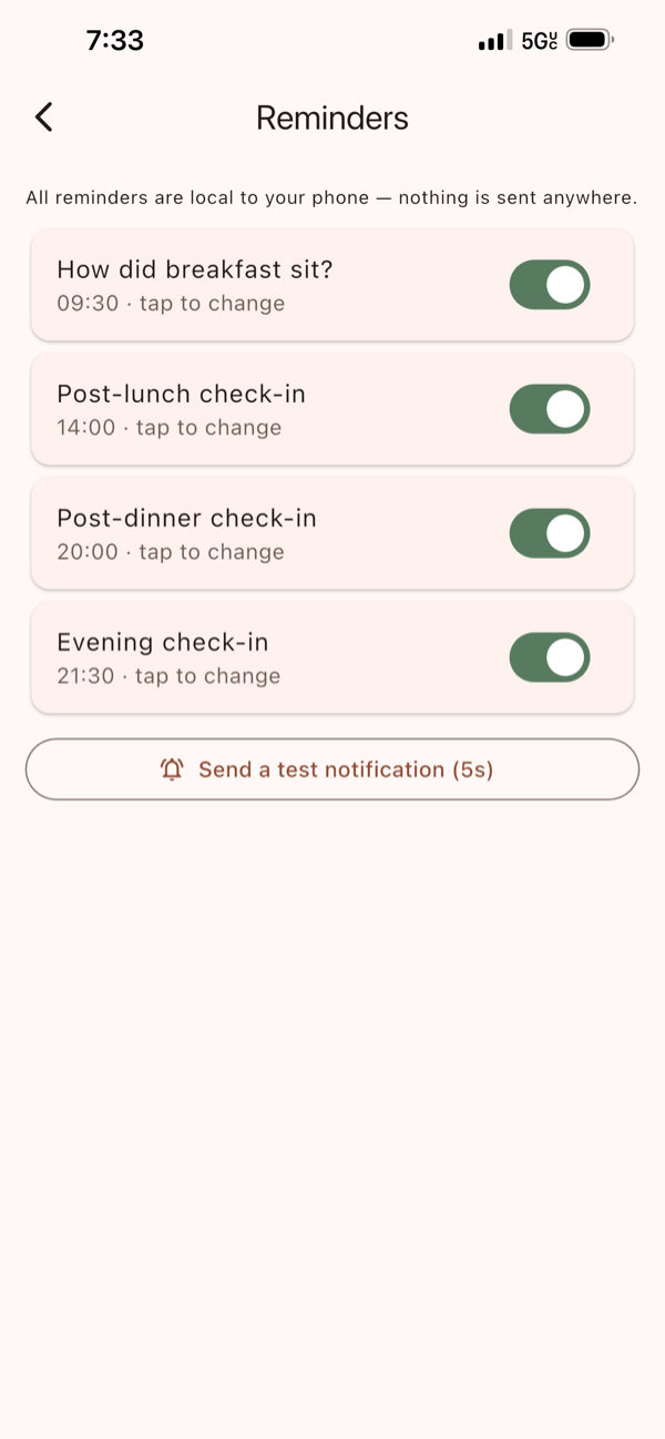 TummyTrail reminders and privacy settings
